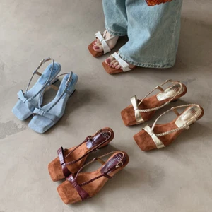 2025 Womens Kitten Heels Butterfly Knot Woven Sheepskin Square Toe Roman Sandals - Picture 1 of 28