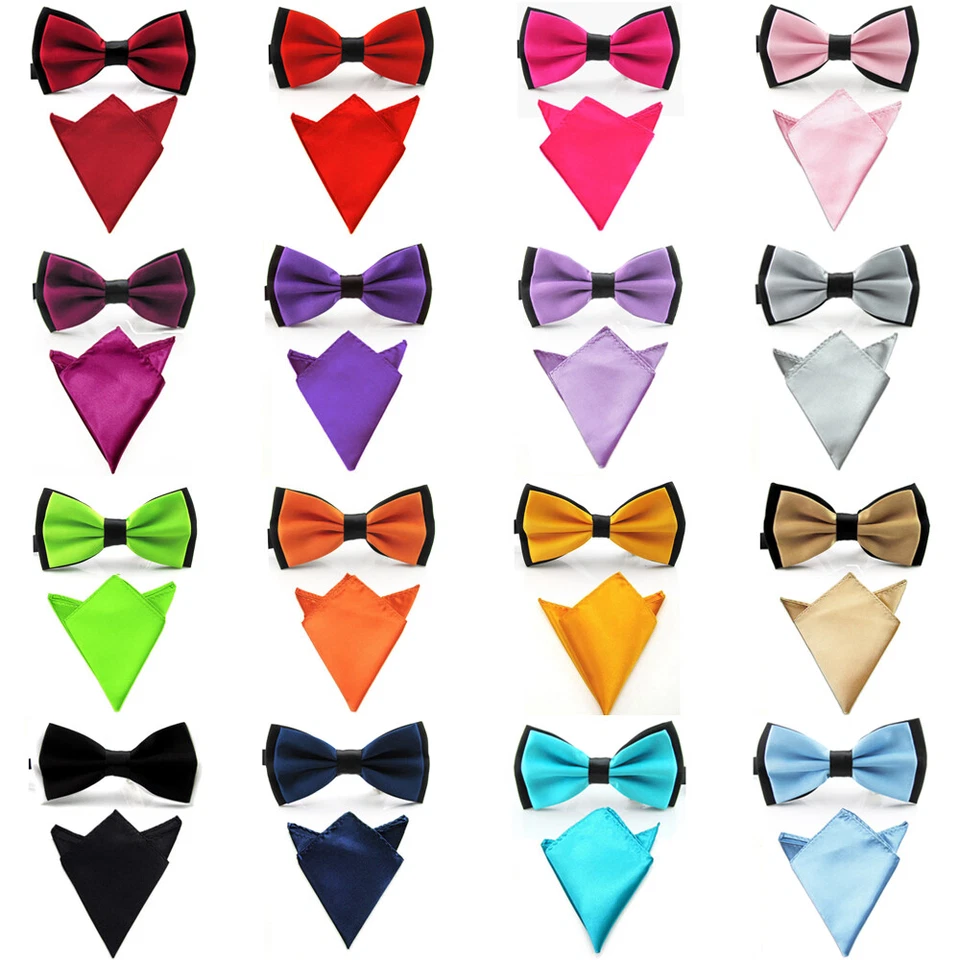 Men Satin Solid Bowtie Bow Tie Handkerchief Pocket Square Hanky Wedding Set - Image 1 of 1