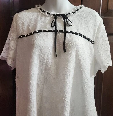 Karl Lagerfeld Lined White Lace Top Blouse Pearl Accents & Black Bow Tie XL - Image 1 of 4