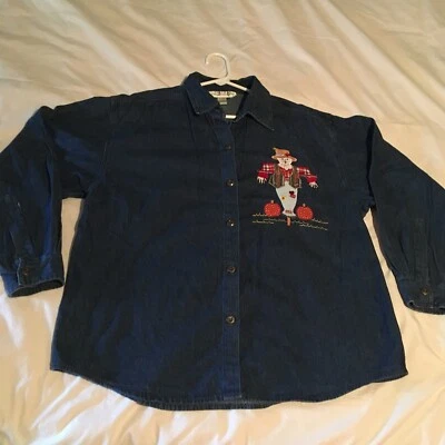 Vintage Denim Jacket / Shirt Scarecrow Pumpkins Embroidery Fall Halloween Size L - Изображение 1 из 4