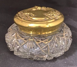 VTG FRENCH PRESSED CUT GLASS POWDER VANITY JAR, GILDED BRASS LID, c1925 vg - Picture 1 of 9