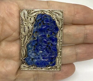 Vintage chinesisch filigran silber handgeschnitzt Lapislazuli X-Large Pin Brosche 2 Zoll 17g - Bild 1 von 12