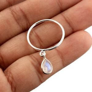 925 Sterling Silver Ring Natural Rainbow Moonstone Dangle Fine Jewelry All Size
