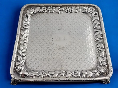 Rare Early Coin Silver square Salver footed Repousse Dish by WARNER 11oz mark - Image 1 of 4
