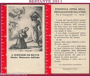 1941 SANTINO HOLY CARD S. SAN GIOVANNI DE BRITTO MARTIRE MISSIONARIO INDIA - Picture 1 of 1