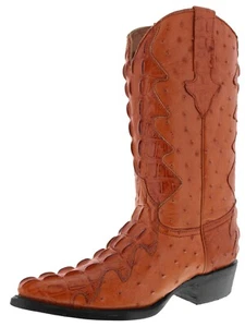 Mens Western Leather Boots Cognac Full Crocodile Ostrich Print Botas Size 7 - Picture 1 of 5