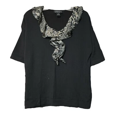 Top August Silk para mujer negro con cuello decorativo mezcla de algodón talla mediana Foto 1 de 4