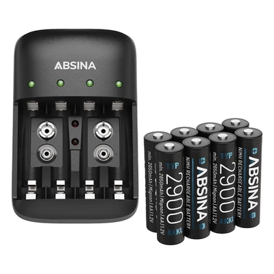 ABSINA Akku Ladegerät X4 für AA, AAA & 9V - Akkuladegerät inkl 8x AA 2900 Akkus - Bild 1 von 4