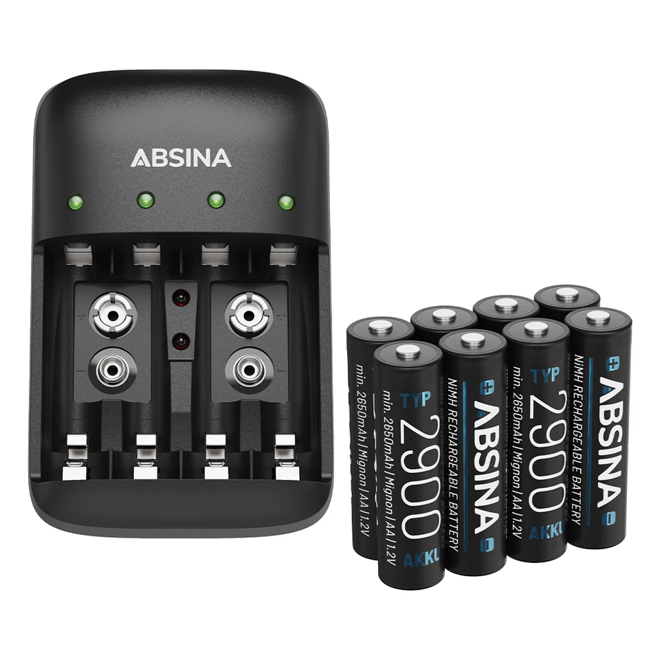 ABSINA Akku Ladegerät X4 für AA, AAA & 9V - Akkuladegerät inkl 8x AA 2900 Akkus - Bild 1 von 4