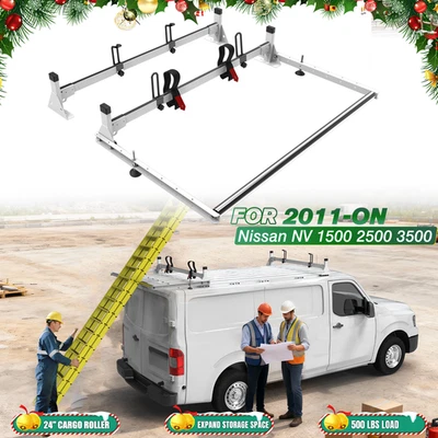 Baca de techo con escalera de acero de 2 barras con rodillo para Nissan NV techo bajo 2012-ON 500 lb HD Foto 1 de 4