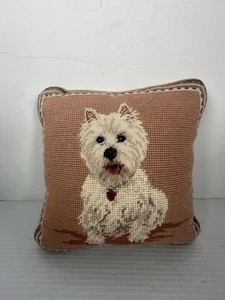 Vtg Westie Needlepoint Pillow 9”x9” Wool Velvet West Highland Terrier - Picture 1 of 10