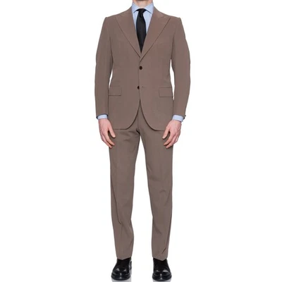 CESARE ATTOLINI 那不勒斯棕褐色棉峰翻领春夏套装 EU 50 全新 美国 40 — 第 1/4 张图片