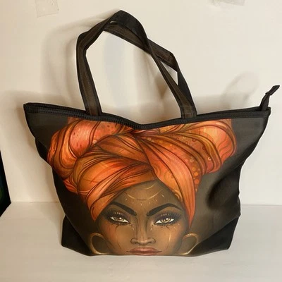 African style large brown with orange tote bag - Image 1 of 4