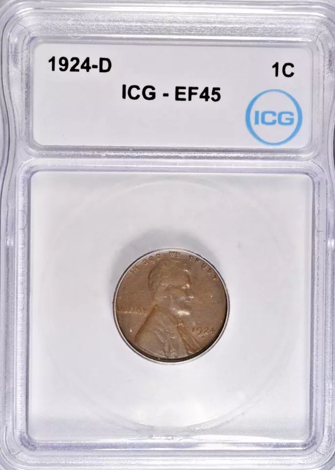 1924-D LINCOLN CENT ~ FRESH SLAB ICG XF45 JUST MISSES AU! - Image 1 of 4