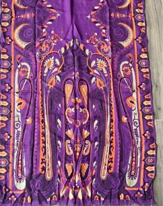 Etro Silk Paisley Rectangular Scarf Purple Orange Fringe Ends 26x62"