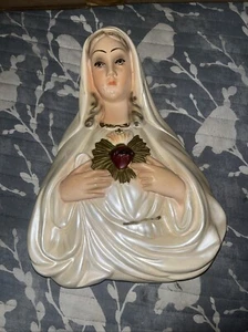 Escultura de placa de pared vintage CHALKWARE Virgen María SAGRADO CORAZÓN - Imagen 1 de 16