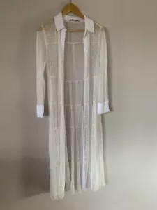 ZARA Polka Dot Sheer Shirt Dress Long M Tulle Mesh White !DEFECTS! - Picture 1 of 7