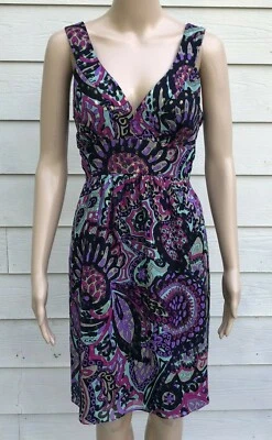 Vestido Tibi NY 6 Negro Rosa Púrpura Metálico Dorado Paisley Seda Cuello en V Sin Mangas Foto 1 de 4