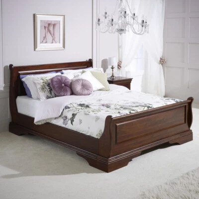 French Solid Hardwood 6ft Super King Size Mahogany Stained Sleigh Bed - HW06 - Image 1 of 4