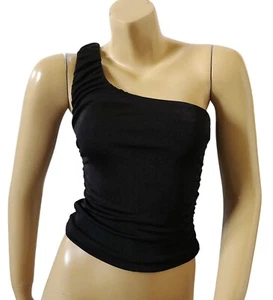 MM MM MM Womens Size Small Black One Shoulder Stretch Ruched Tank Top Shirt NWT - Picture 1 of 7