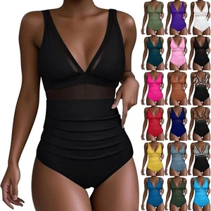 Women's Mesh Swimsuit One Piece Swimsuit Tummy Control Swimwear Push Up Padded - Picture 1 of 16