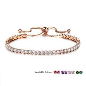 Rose Gold Adjustable Bridesmaid Tennis Bracelet Rhinestone Cubic Zircon Crystals - Picture 1 of 12