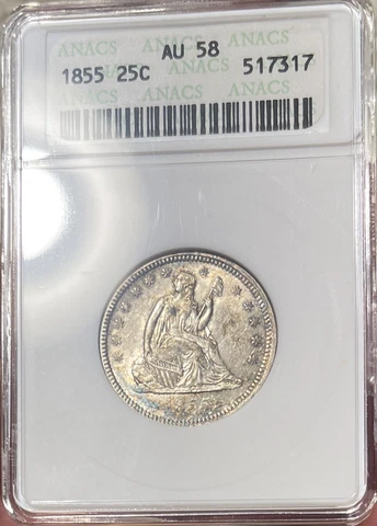 1855 25c Seated Quarter AU58 ANACS Soapbox Underrated Tough Date Lustrous Gem AU Cover