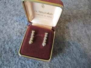 14K YELLOW GOLD DIAMOND DANGLE HEART EARRINGS - LADDER / STACKED DESIGN - 3.50g - Picture 1 of 14