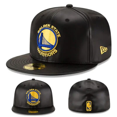 New Era NBA Golden state Warriors Fitted Hat Black Gold Faux Leather Game Cap - Image 1 of 4