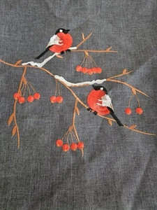 Rolande du Dreuilh Gray Tablecloth Embroidery Alpine Chalet Bullfinch - 68 x 120 - Picture 1 of 4