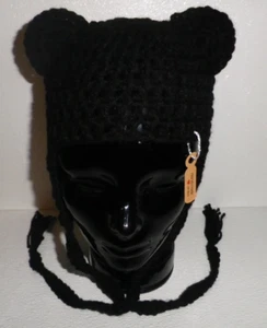 Sombrero de oso de peluche gorro gorra tamaño adulto orejeras hecho a mano EE. UU. ganchillo negro - Imagen 1 de 4