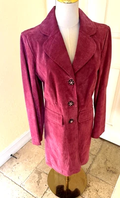 VTG Y2K~Live A Little ~SUEDE LEATHER Bling Button Betsey Tench Long Car Coat S  - Image 1 of 4