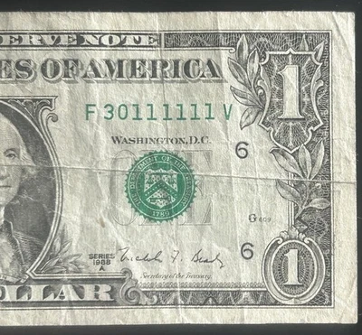 (6 IN A ROW!) $1 6 In A Row 1s Fancy Serial Number F30111111V Series 1988A - Image 1 of 3