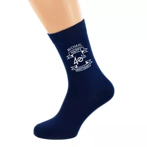 Personalised Happy 40th Birthday Scroll Design Navy Blue Socks UK 5-12 - Picture 1 of 1