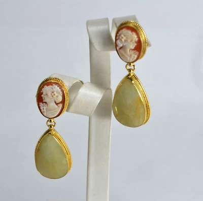 ORECCHINI ARGENTO 925 DORATO   CAMMEI CORNEOLA CORIDONI  VERDE ACQUA    AGHT 076 - Immagine 1 di 3