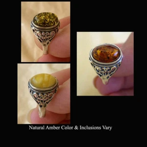 BALTIC BUTTERSCOTCH GREEN or HONEY AMBER & STERLING SILVER HANDMADE RING - Picture 1 of 27