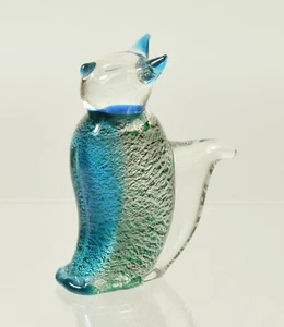 Beautiful Murano Art Glass Cat ~ Clear & Teal Blue Green & Silver Inclusions - Picture 1 of 4