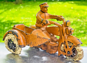 ANTIQUE Cast Iron HUBLEY Toy HARLEY-DAVIDSON Motorcycle Orange & Sidecar #1972 