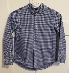 RALPH LAUREN Boys Button SHIRT Long Sleeve BLUE White CHECK Size 7 - Picture 1 of 4