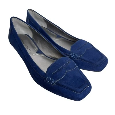 Adrienne Vittadini Women’s 6.5 Blue Suede Slip On Penny Loafer Flats Square Toe - Image 1 of 4