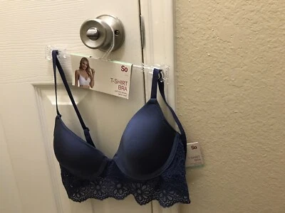 Sutiã 32 B Novo Com Etiquetas SO Sutiã Elevador Macio 32 Camiseta Sutiã Azul Renda Fofa - Imagem 1 de 4