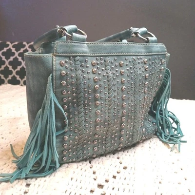 MONTANA WEST Teal Suede Leather Fringe Concealed Carry Purse Studded Festival  - Image 1 of 4