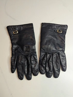 Vintage Leather Gloves Size L Black WPL 13784 Acrylic Lined Brass Loop Detail - Image 1 of 4