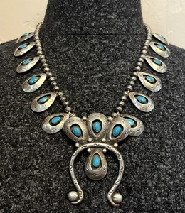 COLLAR VINTAGE MEDIADOS DE SIGLO Plata de Ley TURQUESA Caja de Sombras Hilo Único - Imagen 1 de 22