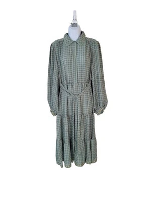 MAX STUDIO L Green Multi Long Sleeve Tiered Tie Waist Dress Cottagecore Boho - Image 1 of 4
