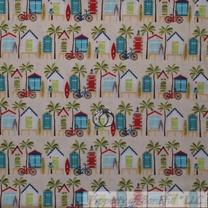 BonEful Fabric Cotton Quilt Sand House Bike Surf Board Palm Tree Ocean FL SCRAP - Picture 1 of 13