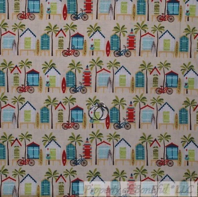 BonEful Fabric Cotton Quilt Sand House Bike Surf Board Palm Tree Ocean CA SCRAP - Image 1 of 4