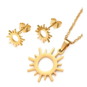Stainless Steel Set Pendant Necklace Earrings Sun 15.7" 10x9.5x1mm 0.7mm Z817 - Picture 1 of 5