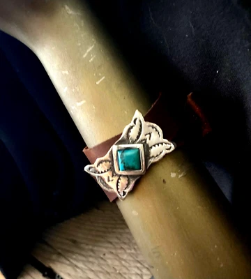 Sterling Silver Leather & Natural Turquoise Cuff Concho Bracelet Contemporary - Image 1 of 4