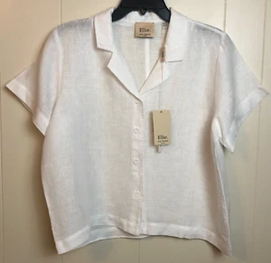 Elie Tahari Women PL Linen Short Sleeve Camp Shirt White Button Front Preppy NEW - Picture 1 of 8